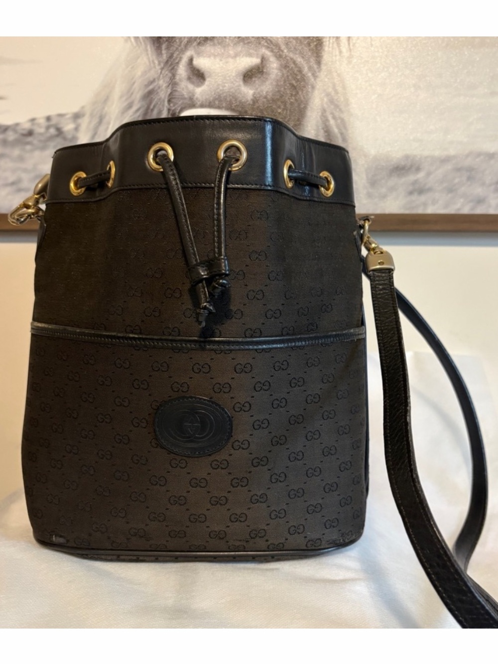 GUCCI VTG Micro GG Drawstring Bucket Bag Leather Black Brown Vintage EUC
